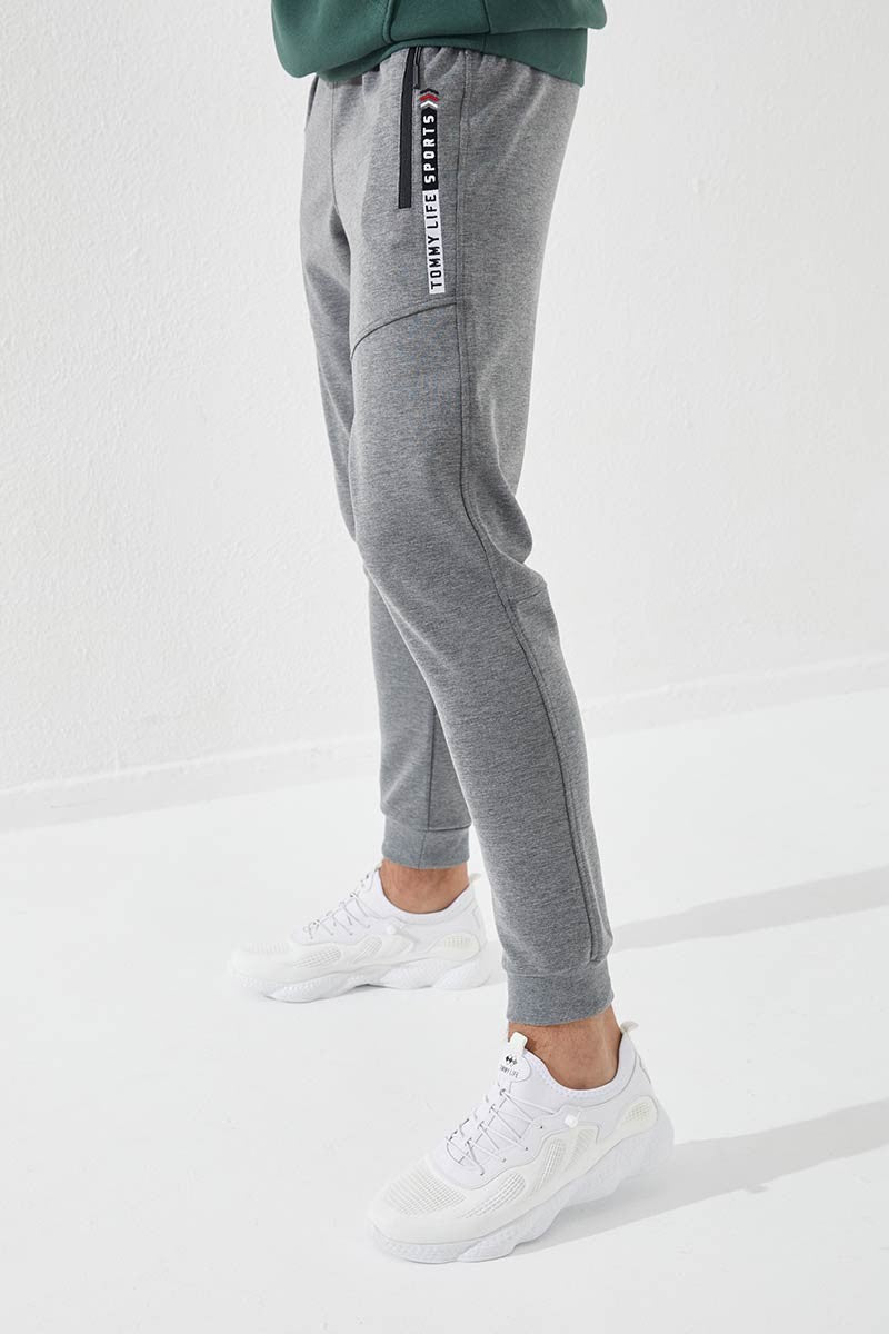 TMY Gray Melange Zippered Pocket Embroidered Detail Slim Fit Jogger Men's Sweatpants - 84783 - Inglewood