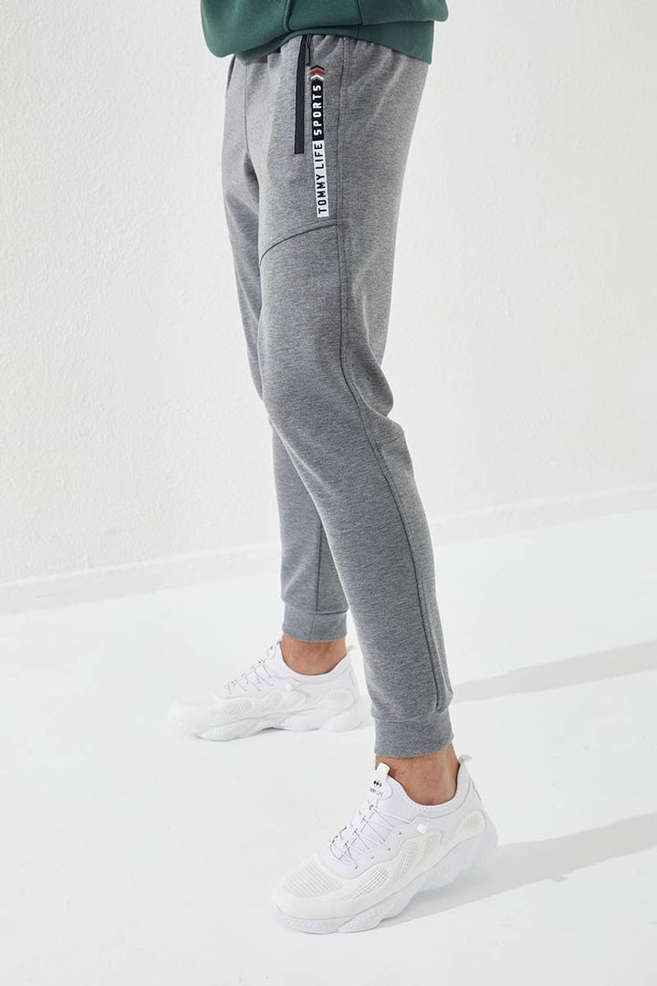 TMY Gray Melange Zippered Pocket Embroidered Detail Slim Fit Jogger Men's Sweatpants - 84783 - Inglewood