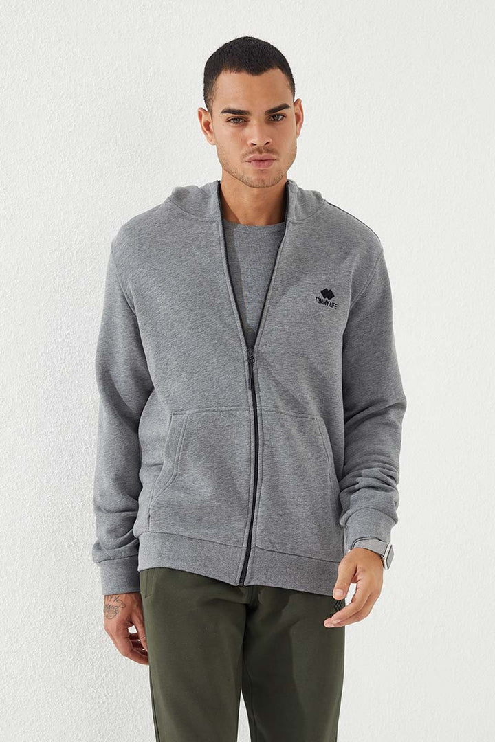 TMY Gray Melange Zippered Standard Fit Hooded Men's Sweatshirt - 87877 - Amarante