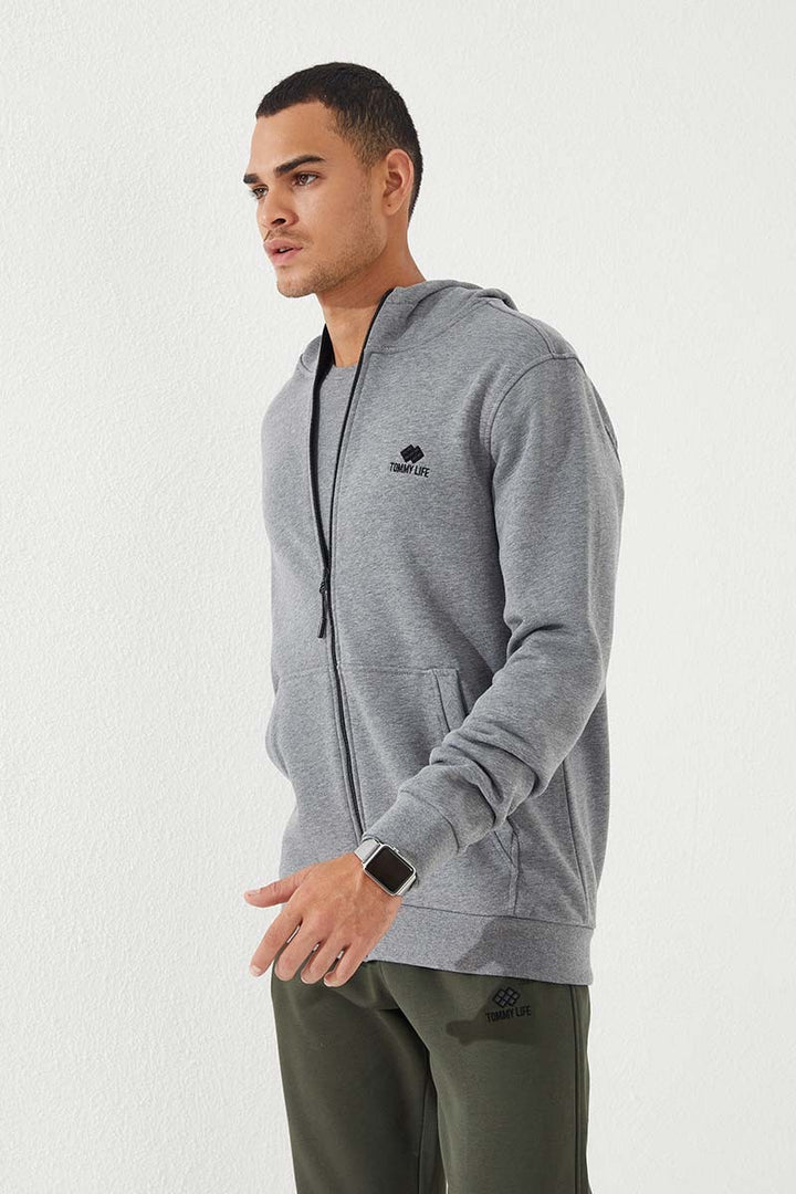 TMY Gray Melange Zippered Standard Fit Hooded Men's Sweatshirt - 87877 - Amarante