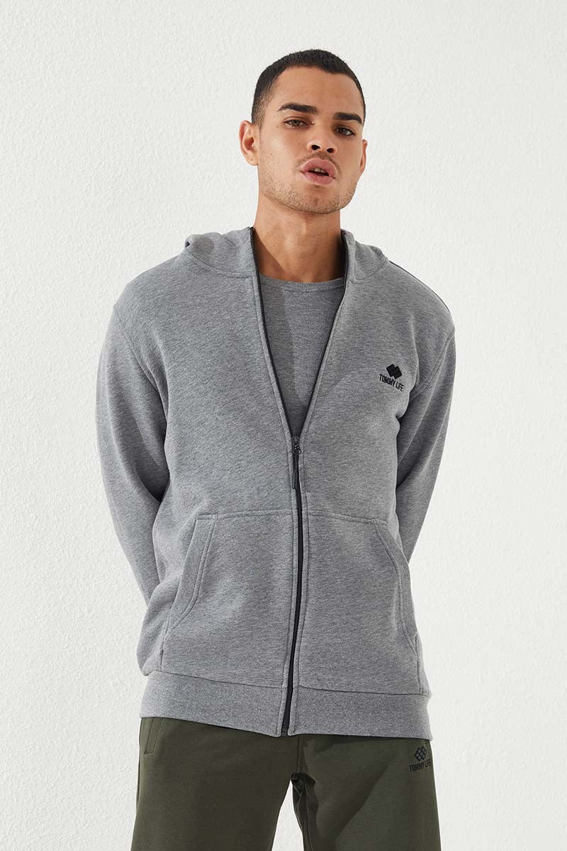 TMY Gray Melange Zippered Standard Fit Hooded Men's Sweatshirt - 87877 - Amarante
