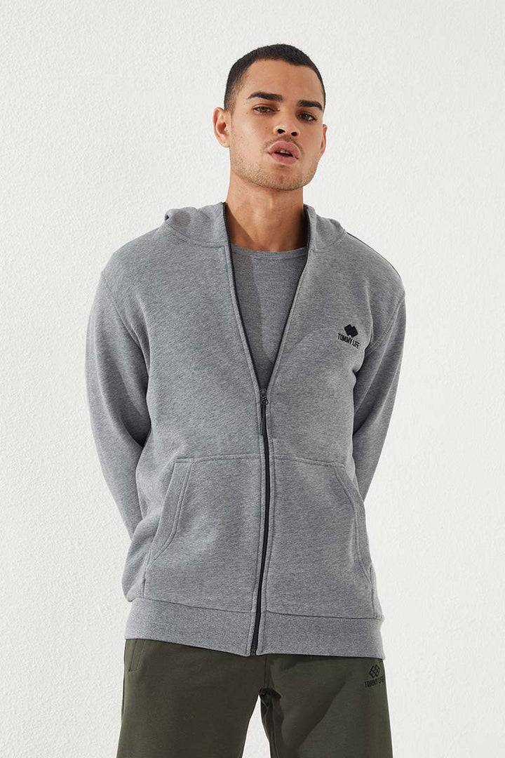 TMY Gray Melange Zippered Standard Fit Hooded Men's Sweatshirt - 87877 - Amarante