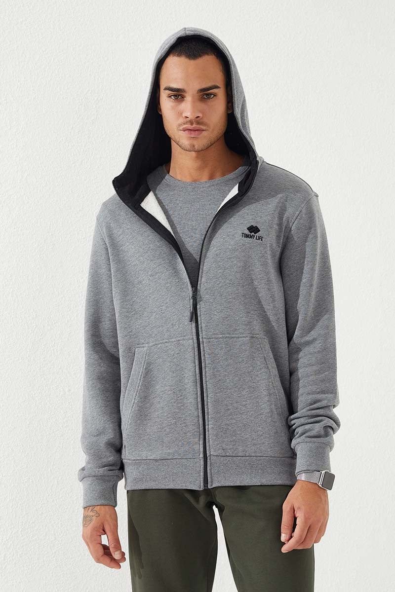TMY Gray Melange Zippered Standard Fit Hooded Men's Sweatshirt - 87877 - Amarante