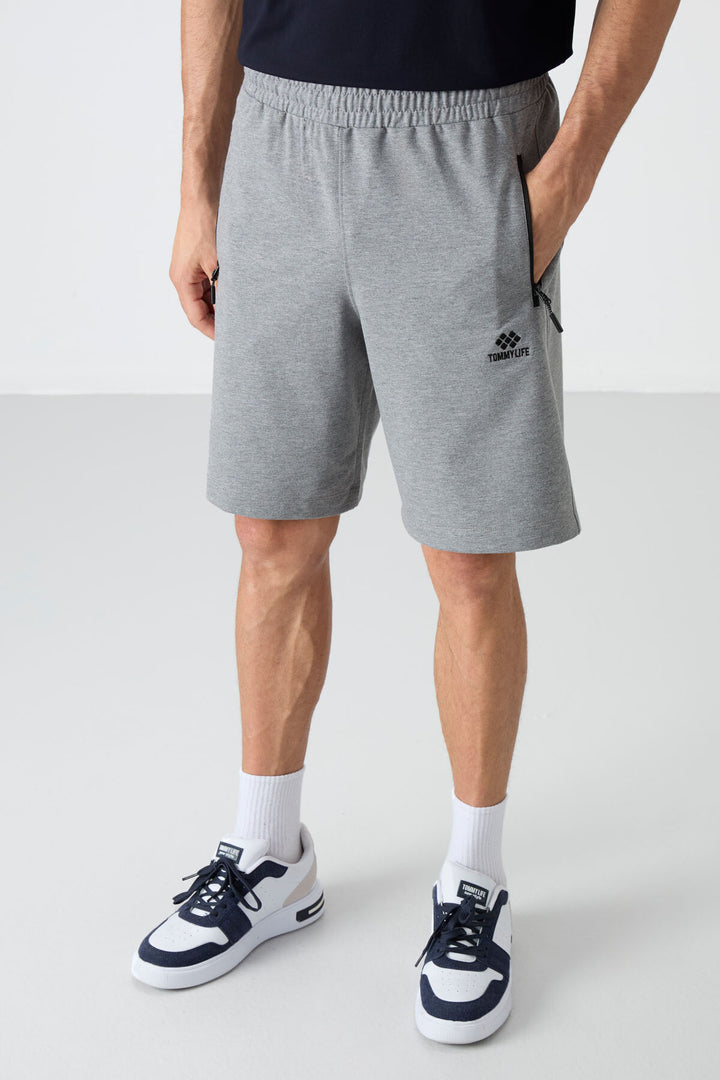 TMY Gray Melange Hidden Zipper Back Pocket Drawstring Regular Fit Men's Shorts - 81136 - Mission Bend