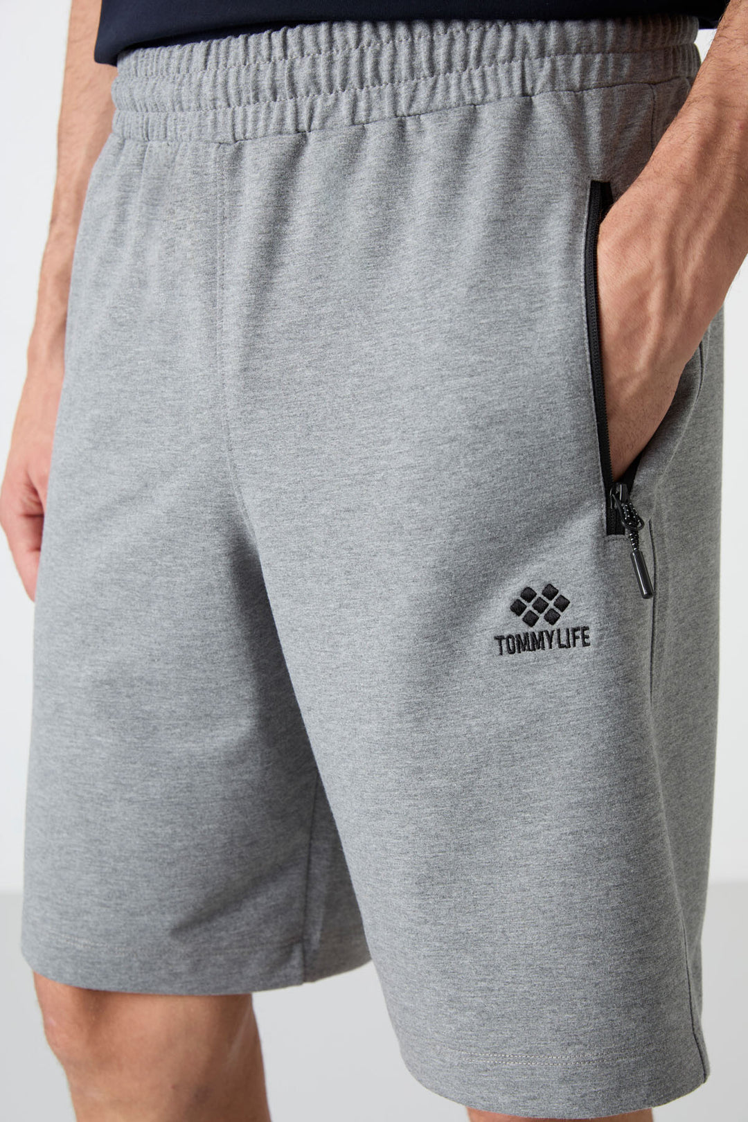 TMY Gray Melange Hidden Zipper Back Pocket Drawstring Regular Fit Men's Shorts - 81136 - Mission Bend