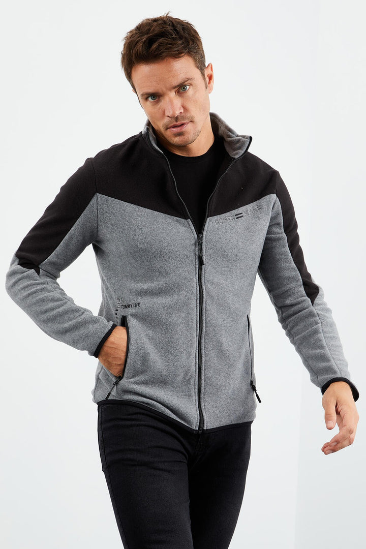 TMY Gray Melange Two-Tone Zippered High Neck Standard Fit Men's Sweatshirt Polar - 87994 - Novi
