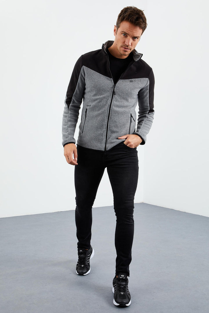 TMY Gray Melange Two-Tone Zippered High Neck Standard Fit Men's Sweatshirt Polar - 87994 - Novi