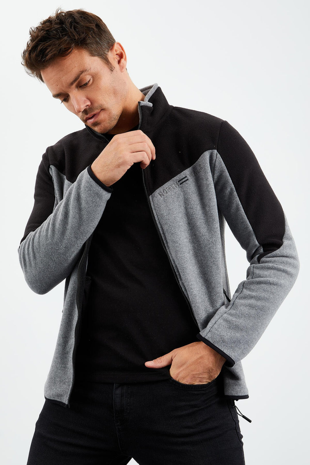 TMY Gray Melange Two-Tone Zippered High Neck Standard Fit Men's Sweatshirt Polar - 87994 - Novi