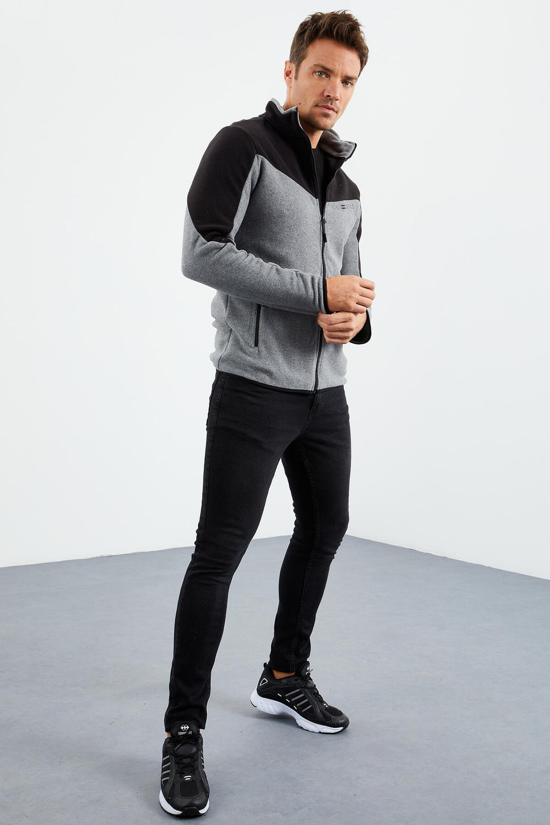 TMY Gray Melange Two-Tone Zippered High Neck Standard Fit Men's Sweatshirt Polar - 87994 - Novi