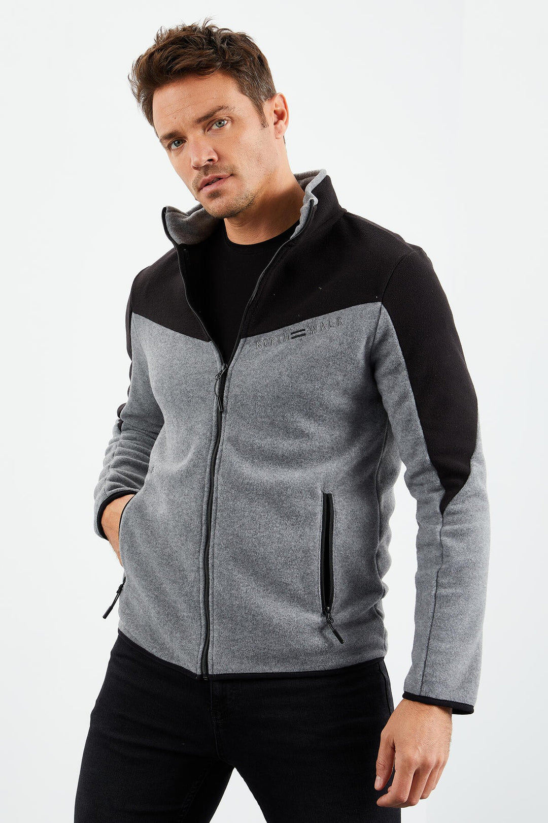 TMY Gray Melange Two-Tone Zippered High Neck Standard Fit Men's Sweatshirt Polar - 87994 - Novi