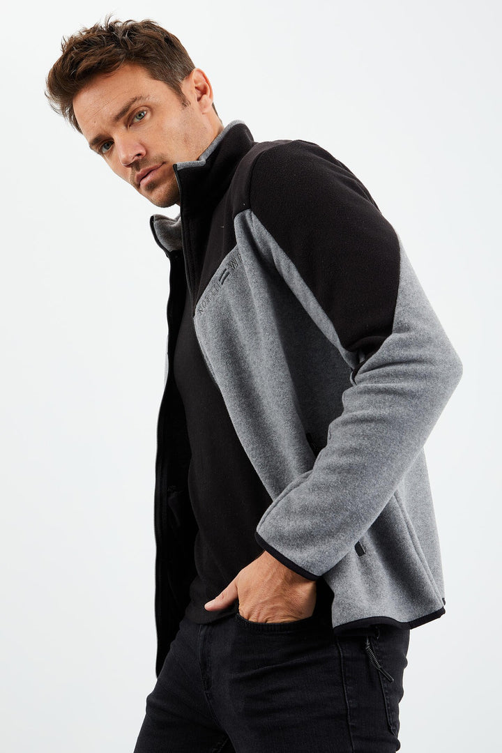 TMY Gray Melange Two-Tone Zippered High Neck Standard Fit Men's Sweatshirt Polar - 87994 - Novi