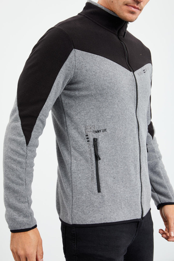 TMY Gray Melange Two-Tone Zippered High Neck Standard Fit Men's Sweatshirt Polar - 87994 - Novi