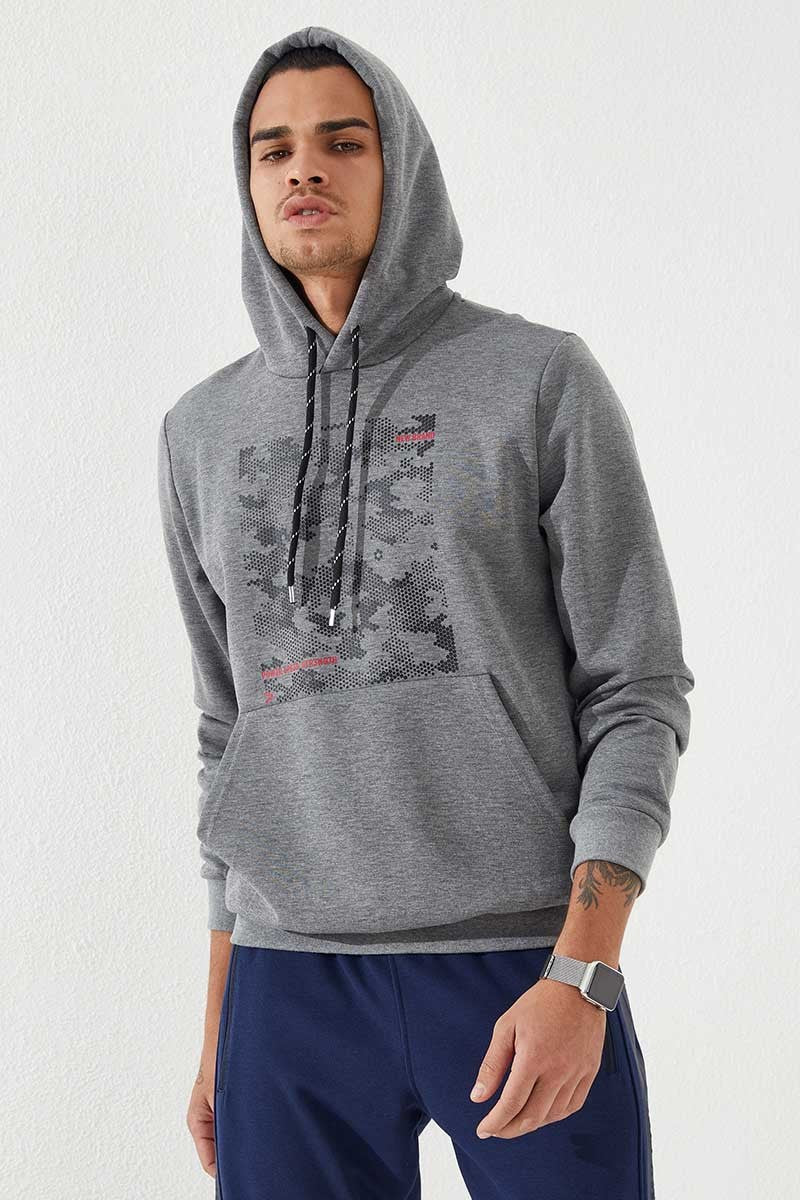 TMY Gray Melange Camouflage Pattern Printed Standard Mold Hooded Men's Sweatshirt - 87884 - Chemnitz