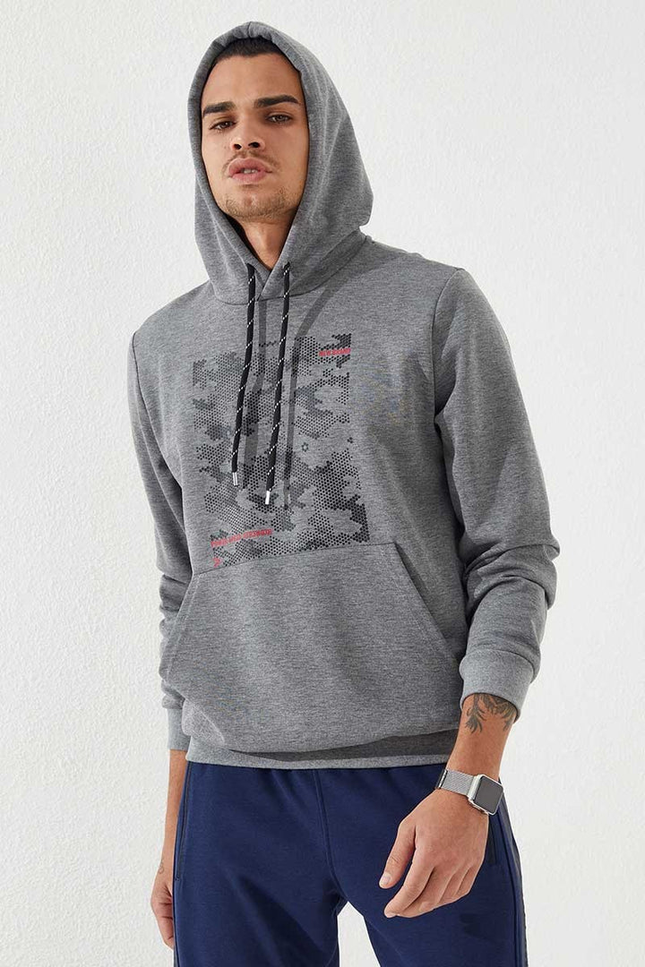 TMY Gray Melange Camouflage Pattern Printed Standard Mold Hooded Men's Sweatshirt - 87884 - Chemnitz