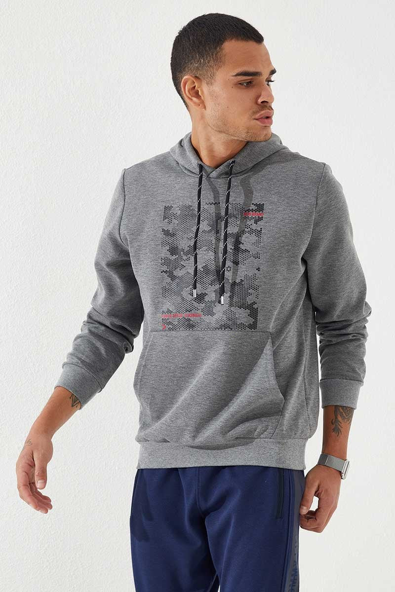 TMY Gray Melange Camouflage Pattern Printed Standard Mold Hooded Men's Sweatshirt - 87884 - Chemnitz