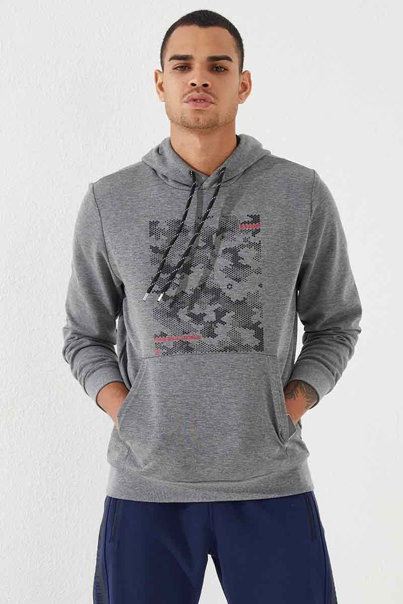 TMY Gray Melange Camouflage Pattern Printed Standard Mold Hooded Men's Sweatshirt - 87884 - Chemnitz