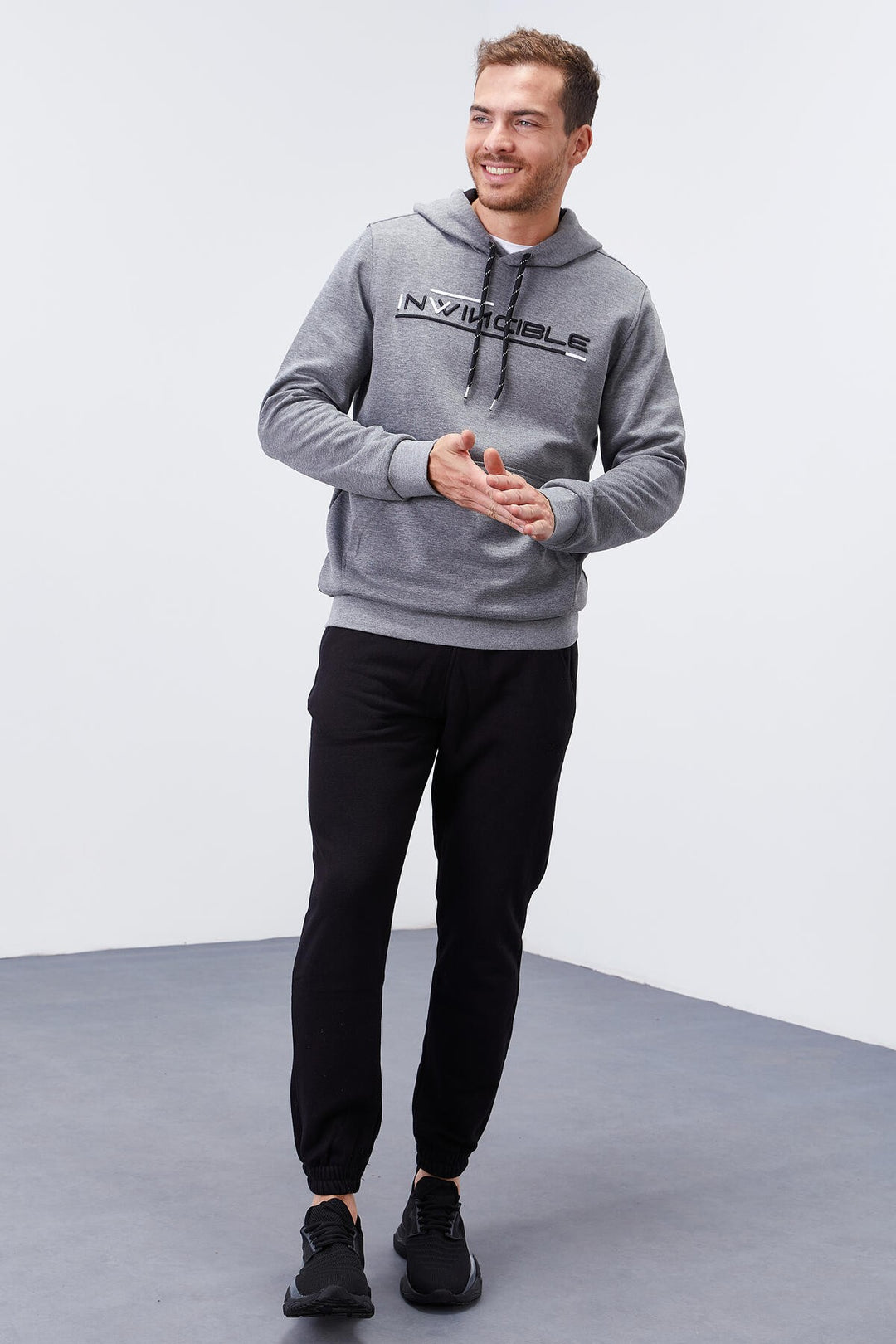 TMY Gray Melange Kangaroo Pocket Standard Fit Hooded Men's Sweatshirt - 87883 - Sammamish