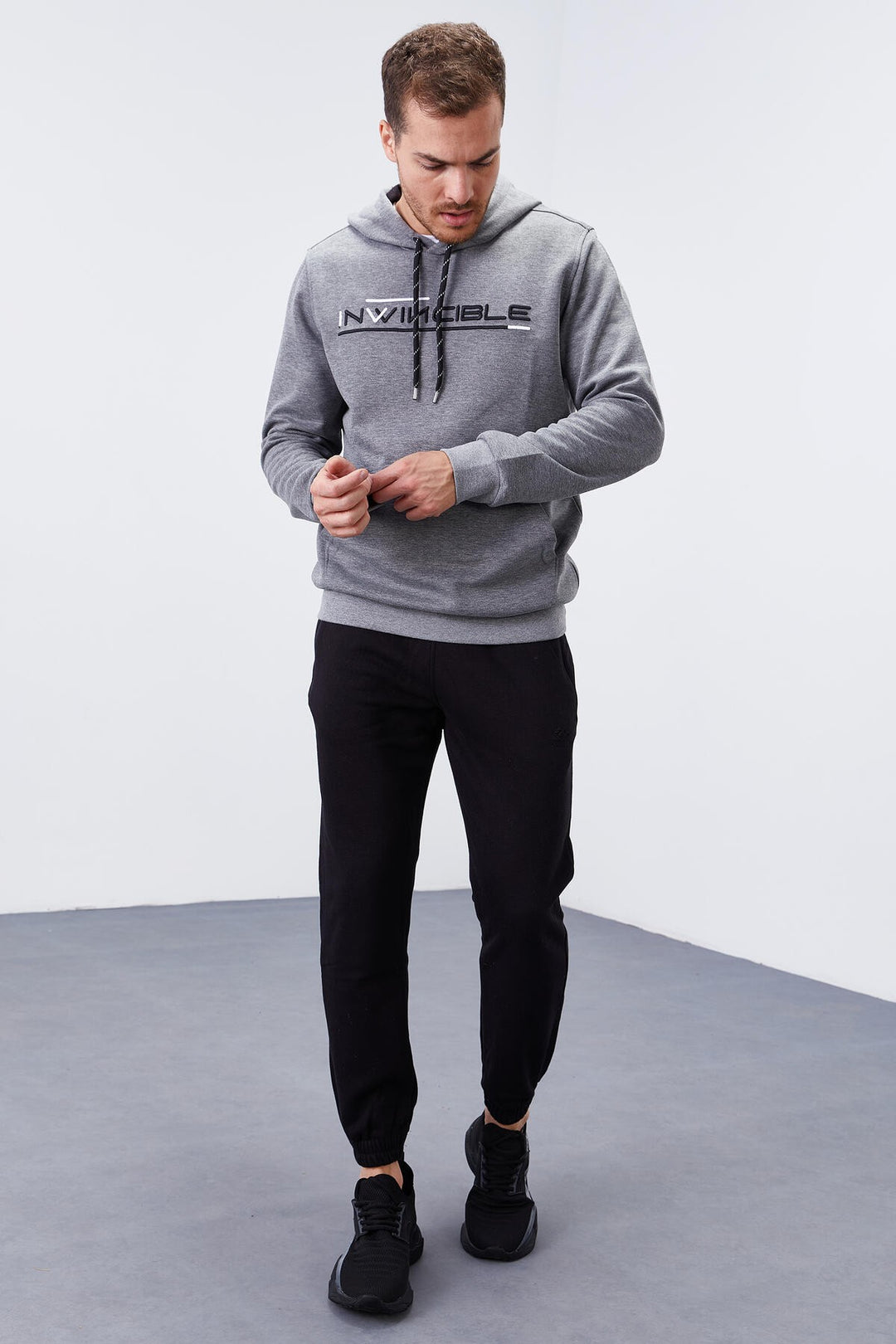TMY Gray Melange Kangaroo Pocket Standard Fit Hooded Men's Sweatshirt - 87883 - Sammamish