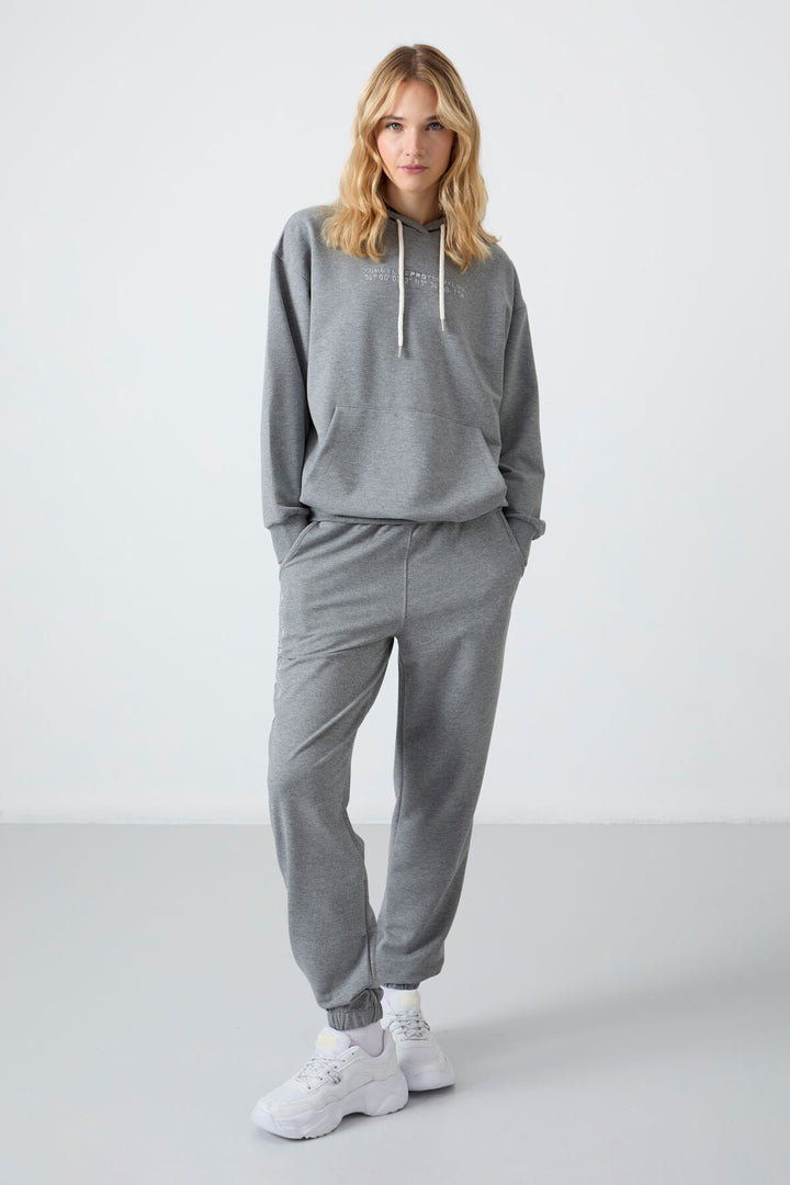 TMY Gray Melange Hooded Kangaroo Pocket Oversized Elastic Cuff Women's Tracksuit - 95288 - Perth