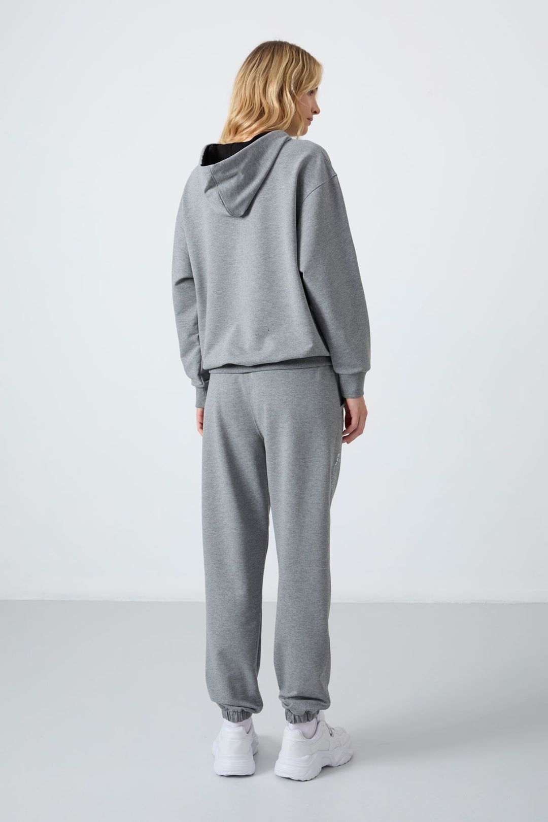 TMY Gray Melange Hooded Kangaroo Pocket Oversized Elastic Cuff Women's Tracksuit - 95288 - Perth