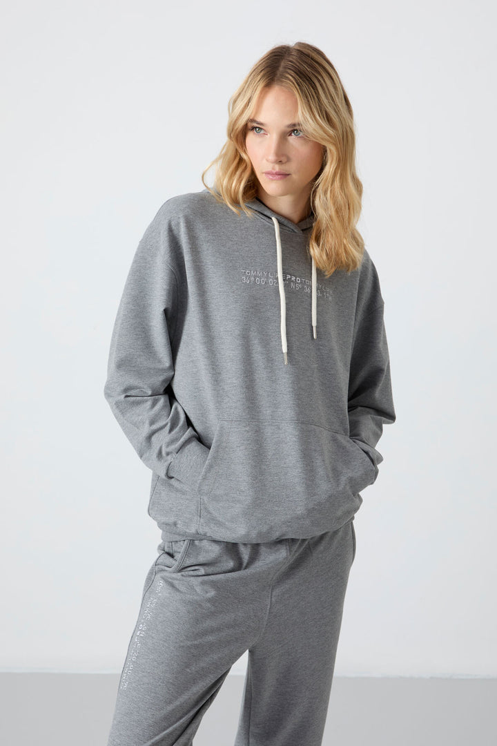 TMY Gray Melange Hooded Kangaroo Pocket Oversized Elastic Cuff Women's Tracksuit - 95288 - Perth
