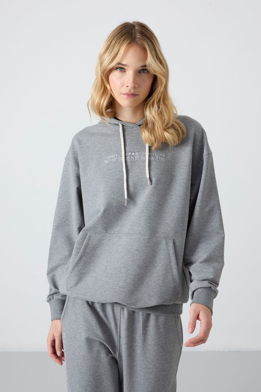 TMY Gray Melange Hooded Kangaroo Pocket Oversized Elastic Cuff Women's Tracksuit - 95288 - Perth