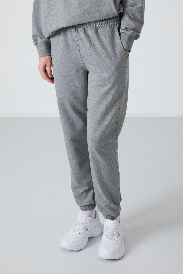 TMY Gray Melange Hooded Kangaroo Pocket Oversized Elastic Cuff Women's Tracksuit - 95288 - Perth