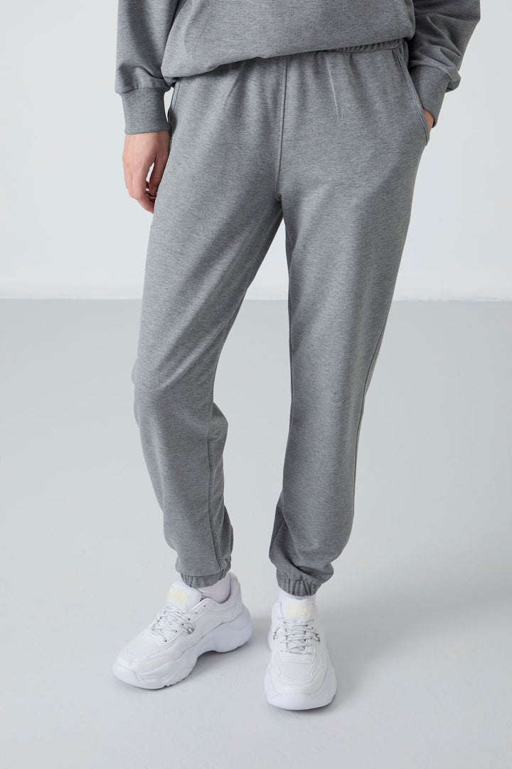 TMY Gray Melange Hooded Kangaroo Pocket Oversized Elastic Cuff Women's Tracksuit - 95288 - Perth