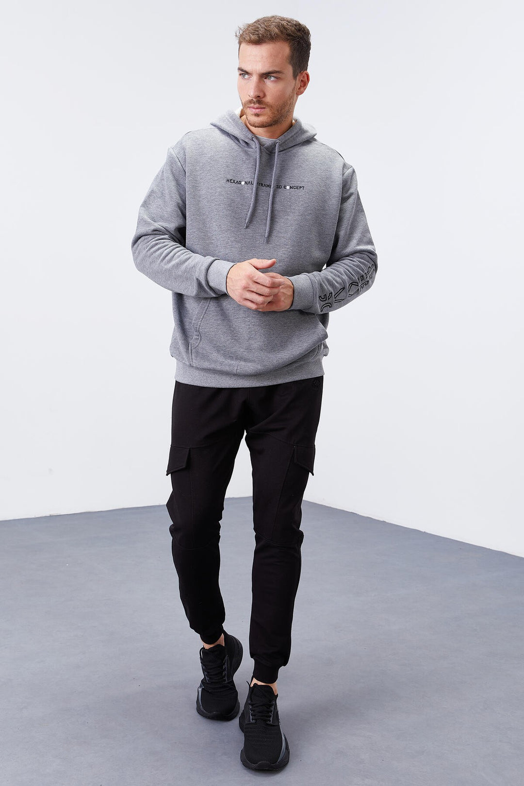 TMY Gray Melange Color Printed Hooded Comfort Fit Men's Sweatshirt - 88038 - North Shields