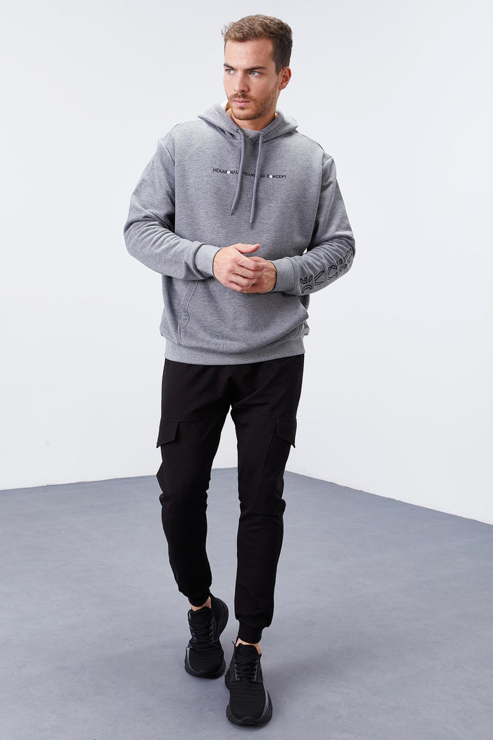 TMY Gray Melange Color Printed Hooded Comfort Fit Men's Sweatshirt - 88038 - North Shields