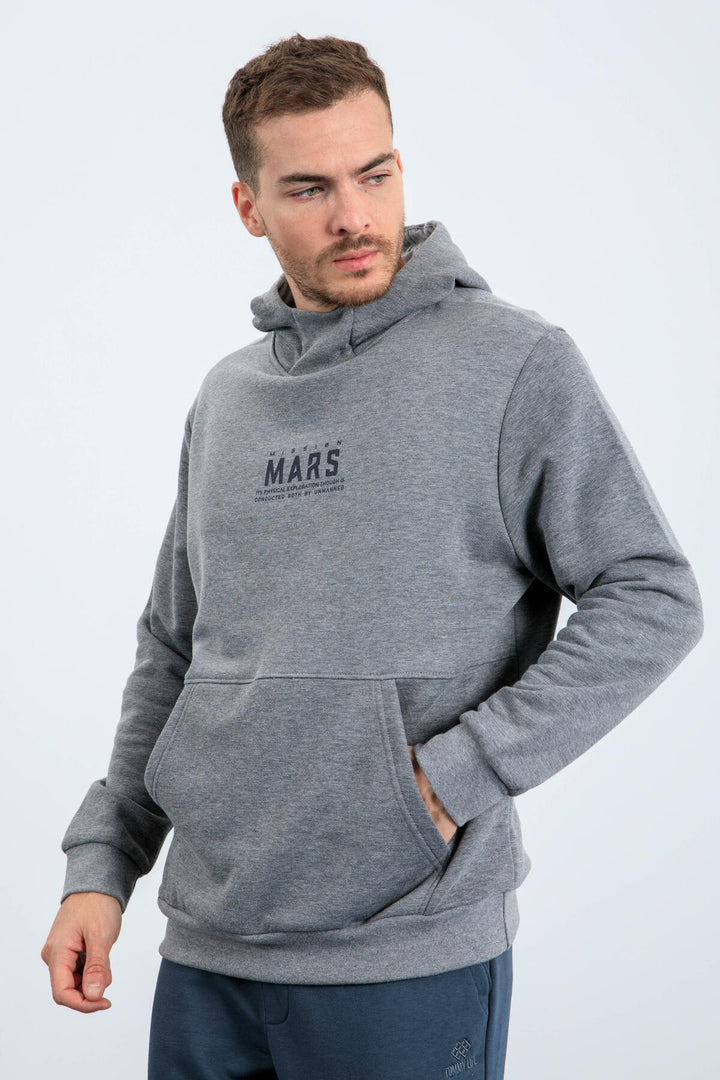 TMY Gray Melange Mars Writing and Back Printed Hooded Comfort Fit Men's Sweatshirt - 88032 - Sérres