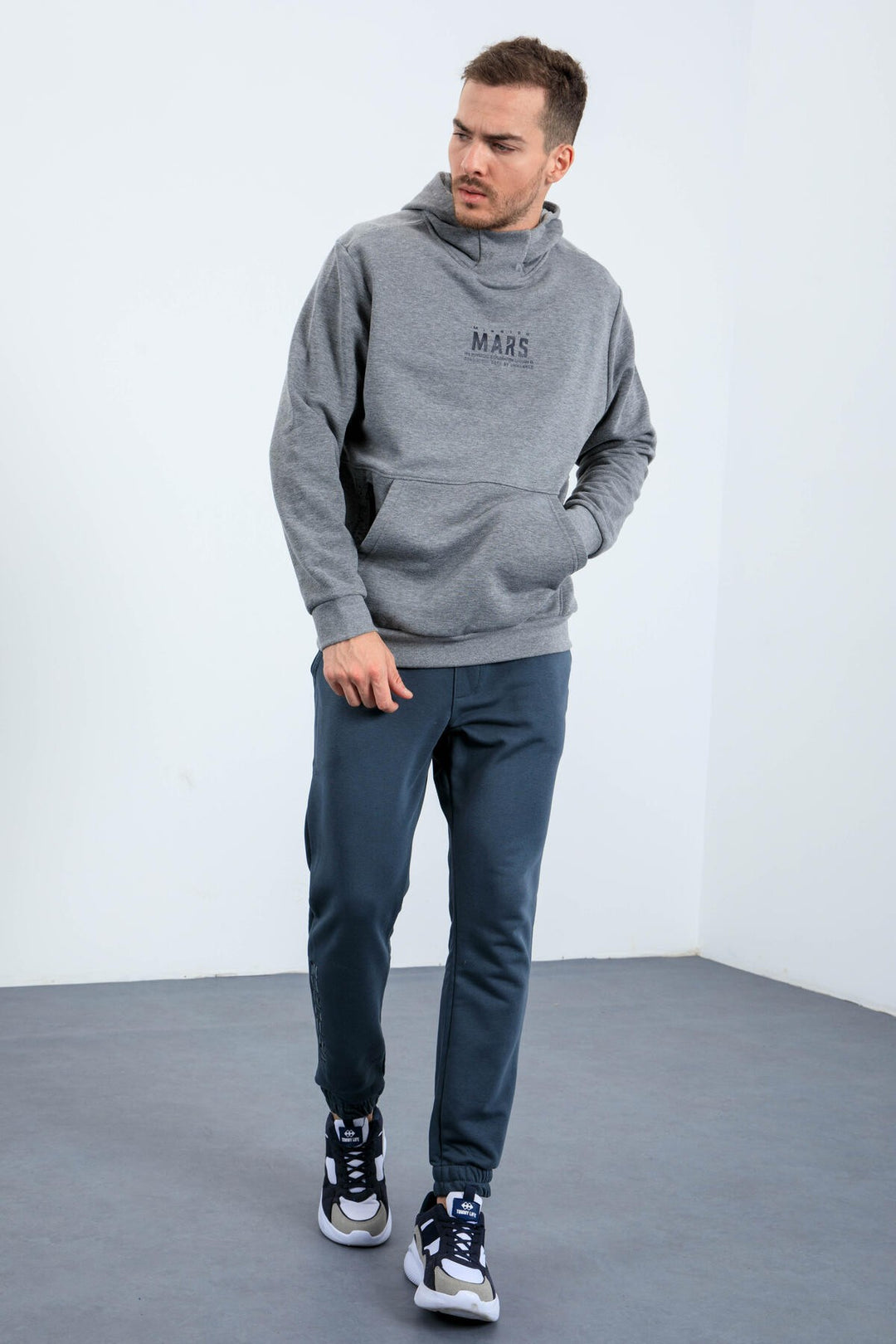 TMY Gray Melange Mars Writing and Back Printed Hooded Comfort Fit Men's Sweatshirt - 88032 - Sérres