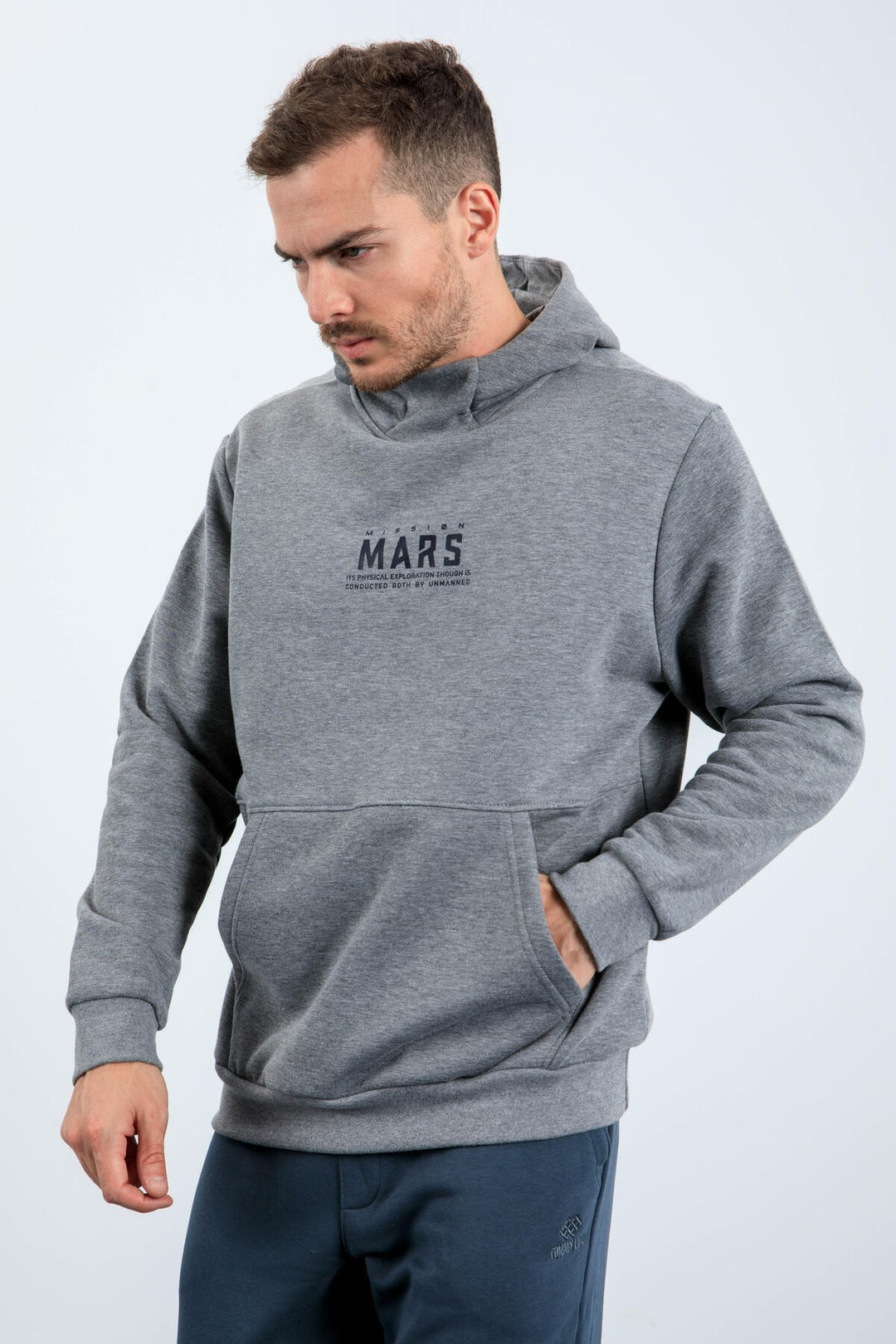 TMY Gray Melange Mars Writing and Back Printed Hooded Comfort Fit Men's Sweatshirt - 88032 - Sérres