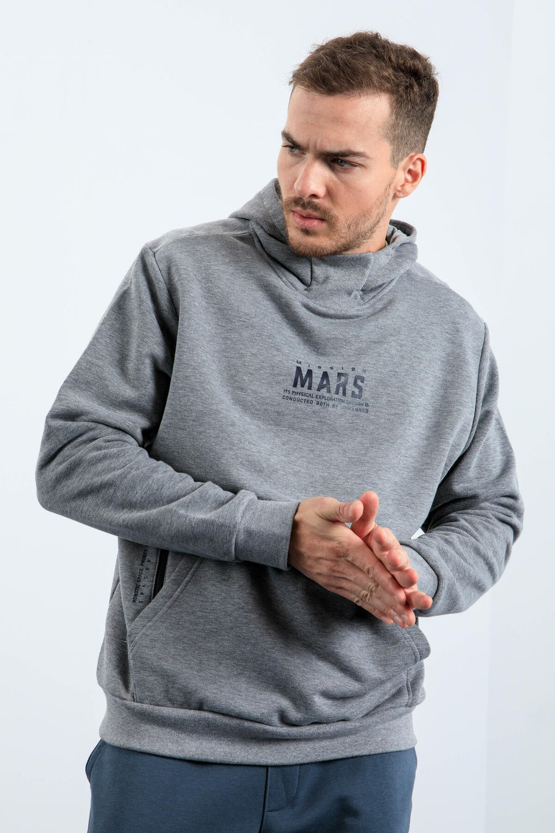 TMY Gray Melange Mars Writing and Back Printed Hooded Comfort Fit Men's Sweatshirt - 88032 - Sérres