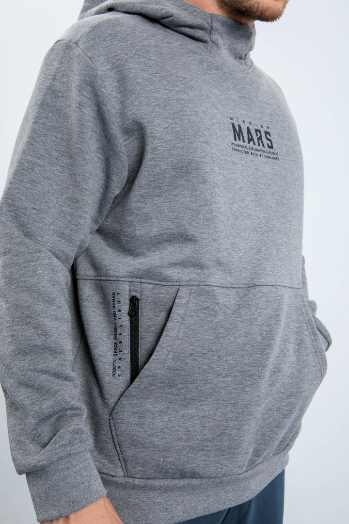 TMY Gray Melange Mars Writing and Back Printed Hooded Comfort Fit Men's Sweatshirt - 88032 - Sérres