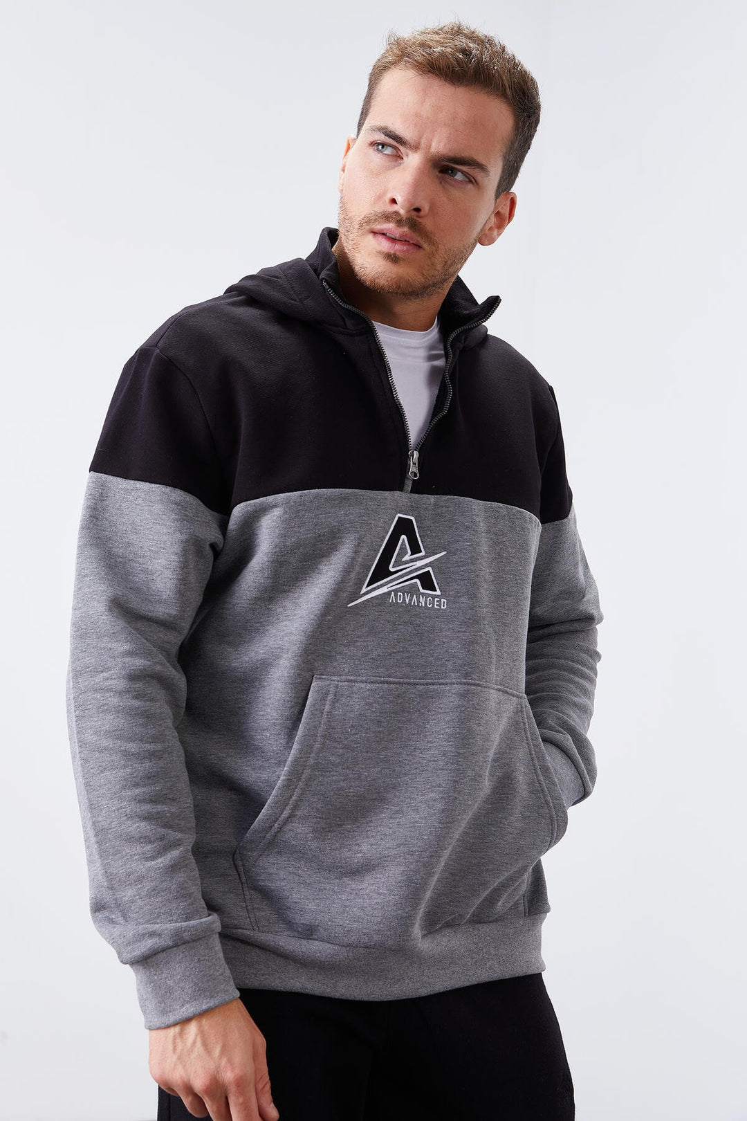 TMY Gray Melange Men's Half Zip Standard Fit Hooded Sweatshirt - 88033 - Yevpatoriia