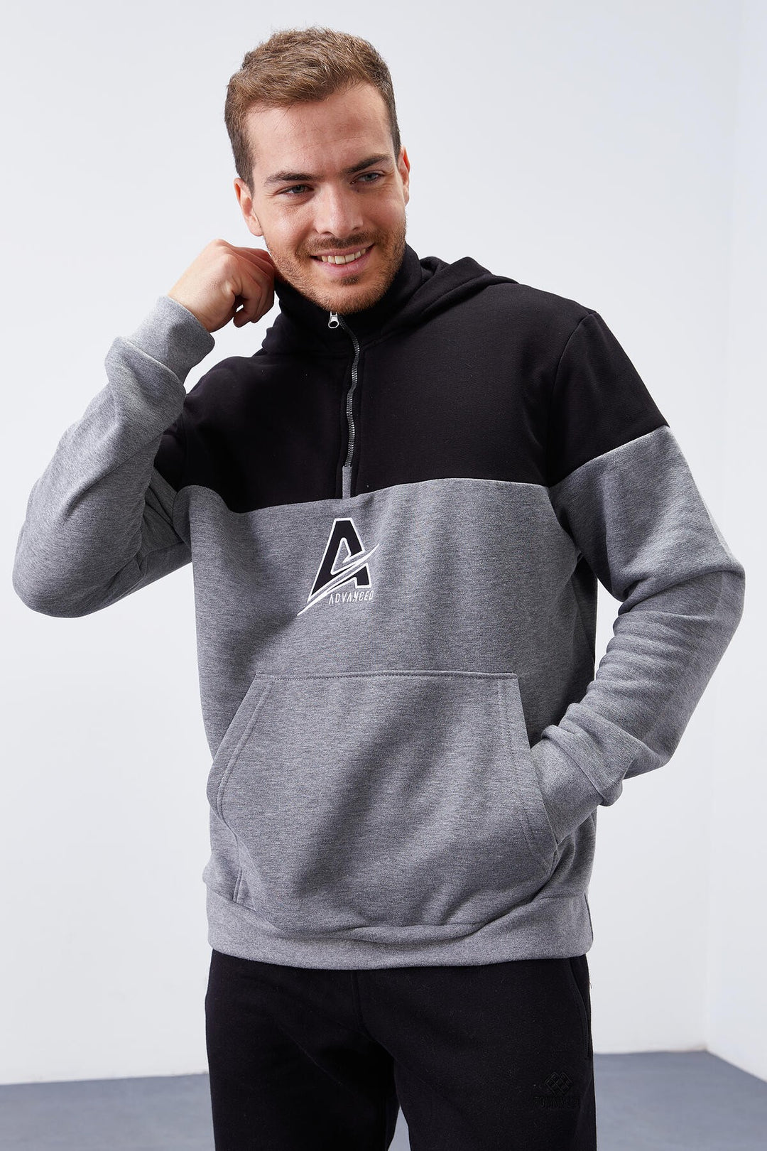 TMY Gray Melange Men's Half Zip Standard Fit Hooded Sweatshirt - 88033 - Yevpatoriia