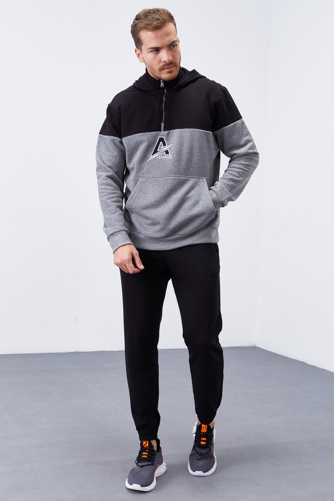 TMY Gray Melange Men's Half Zip Standard Fit Hooded Sweatshirt - 88033 - Yevpatoriia