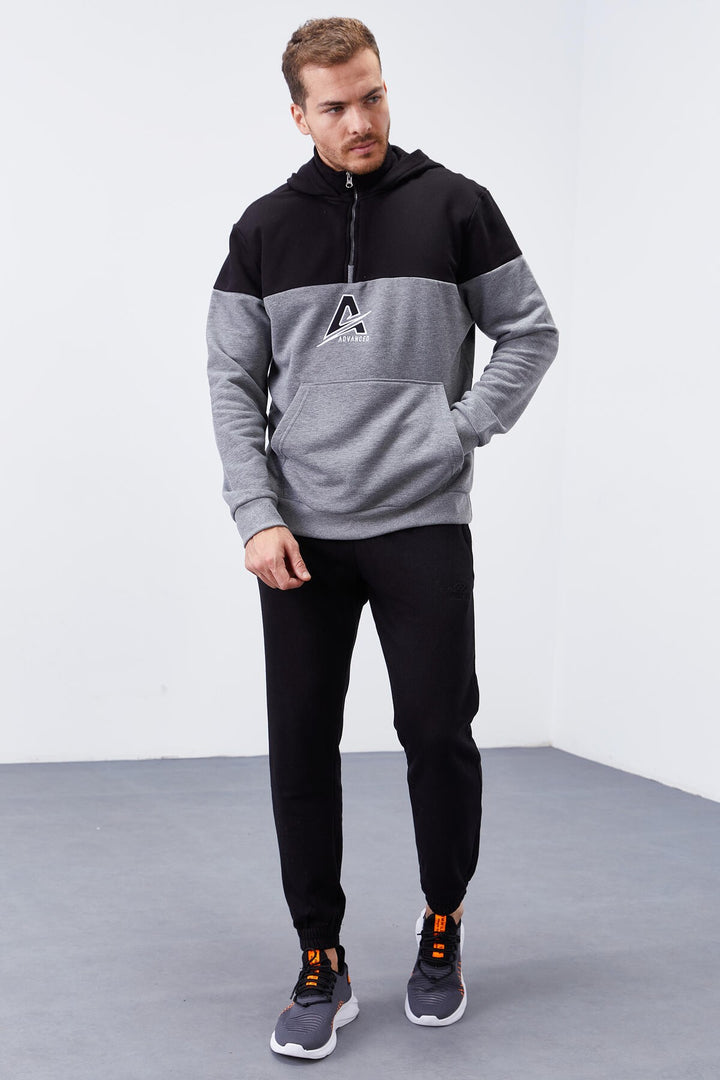 TMY Gray Melange Men's Half Zip Standard Fit Hooded Sweatshirt - 88033 - Yevpatoriia