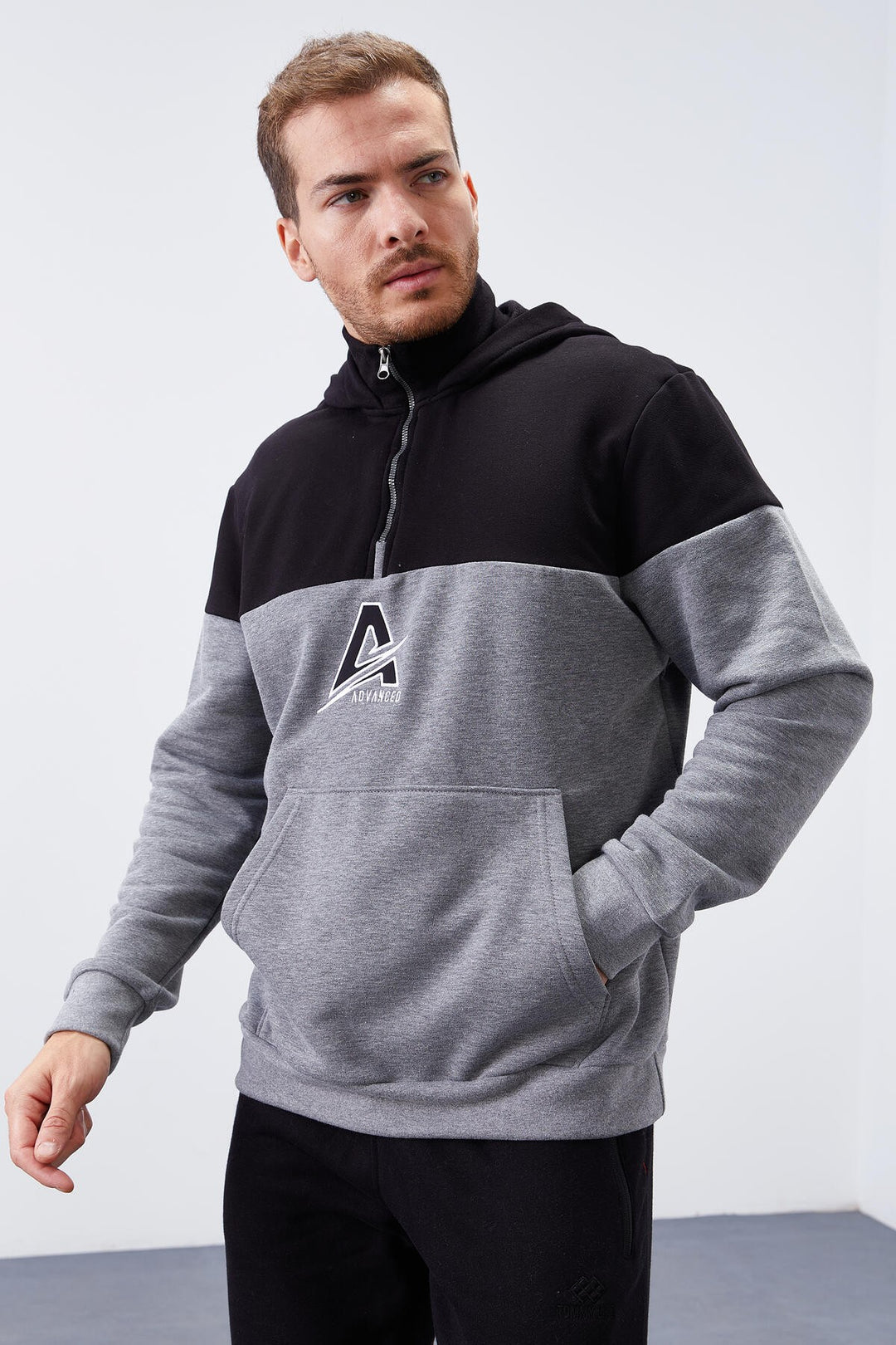 TMY Gray Melange Men's Half Zip Standard Fit Hooded Sweatshirt - 88033 - Yevpatoriia