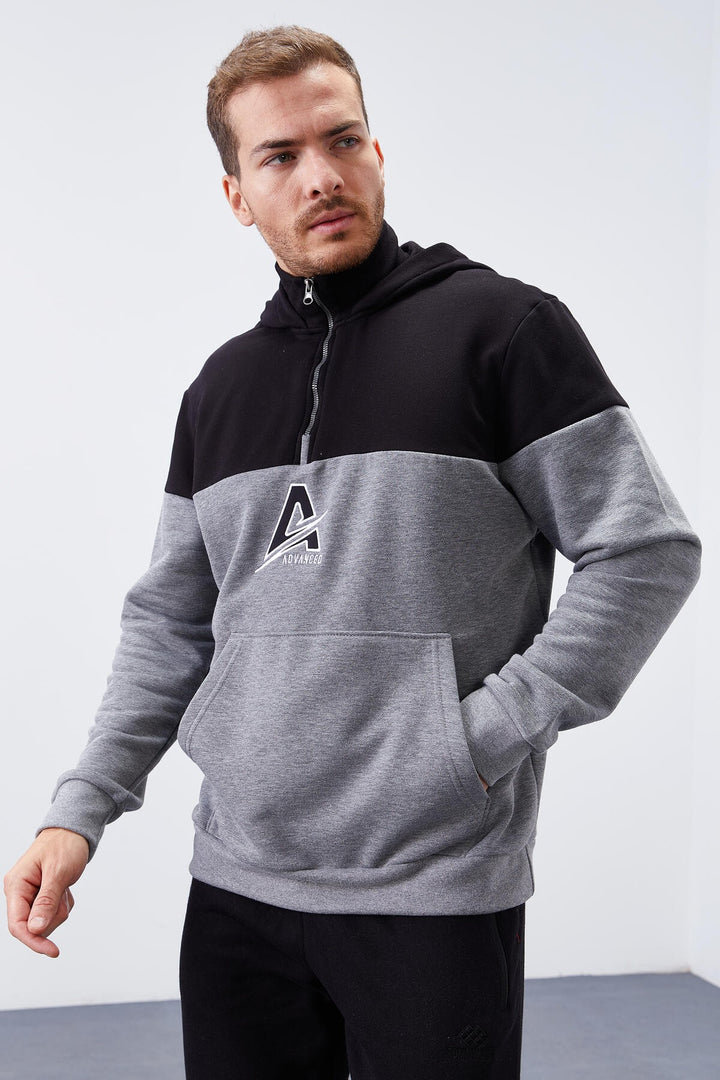 TMY Gray Melange Men's Half Zip Standard Fit Hooded Sweatshirt - 88033 - Yevpatoriia