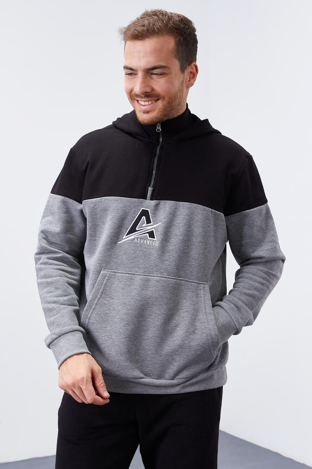 TMY Gray Melange Men's Half Zip Standard Fit Hooded Sweatshirt - 88033 - Yevpatoriia