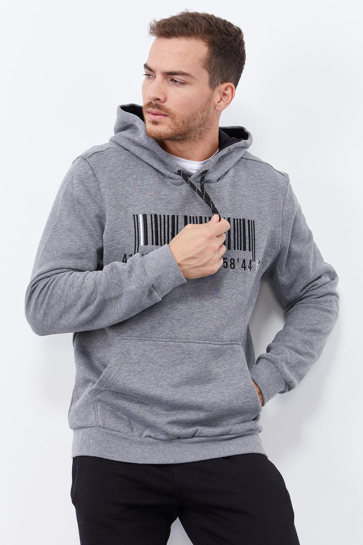 TMY Gray Melange Embroidered Kangaroo Pocket Standard Fit Hooded Men's Sweatshirt - 87839 - Monreale
