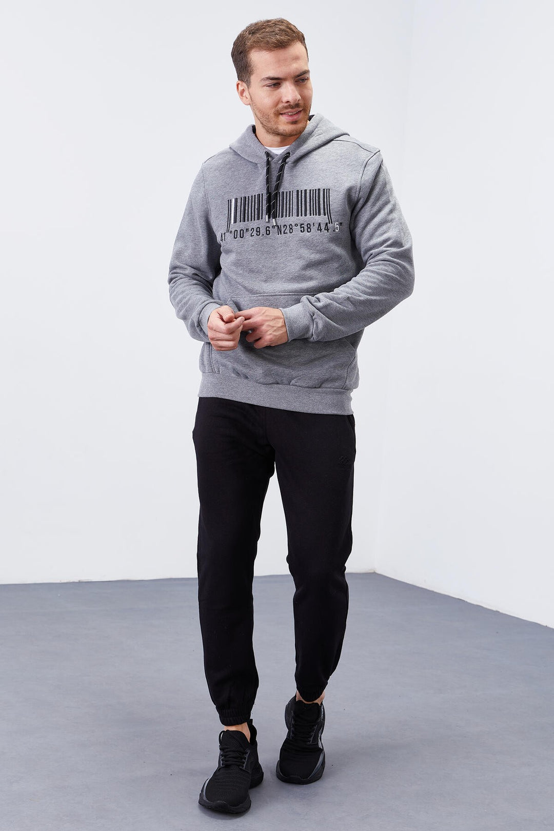 TMY Gray Melange Embroidered Kangaroo Pocket Standard Fit Hooded Men's Sweatshirt - 87839 - Monreale