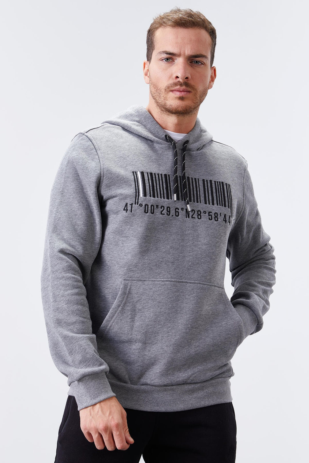 TMY Gray Melange Embroidered Kangaroo Pocket Standard Fit Hooded Men's Sweatshirt - 87839 - Monreale