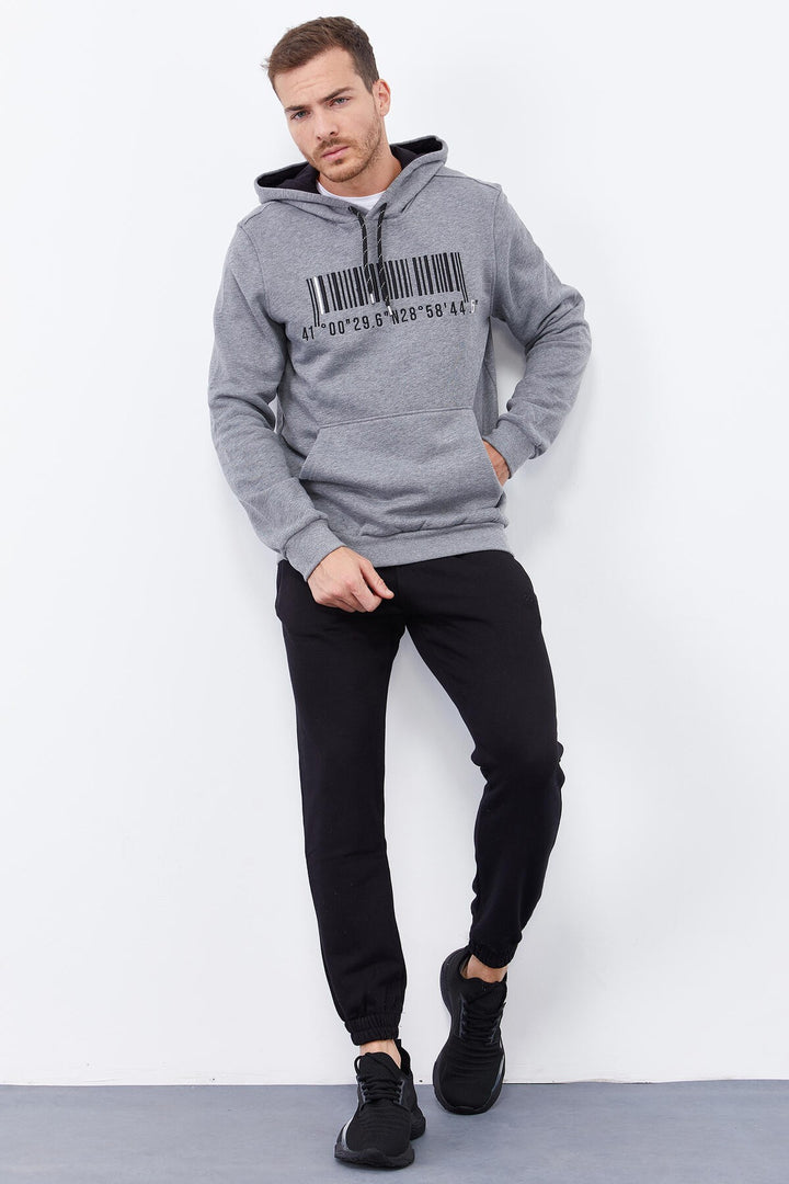 TMY Gray Melange Embroidered Kangaroo Pocket Standard Fit Hooded Men's Sweatshirt - 87839 - Monreale