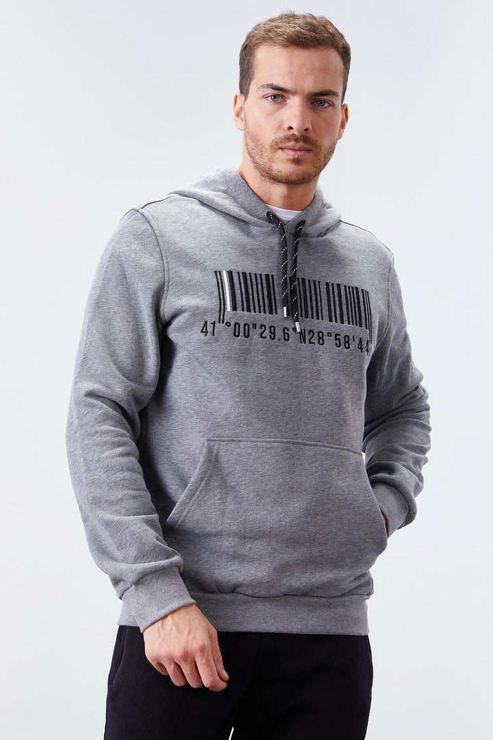 TMY Gray Melange Embroidered Kangaroo Pocket Standard Fit Hooded Men's Sweatshirt - 87839 - Monreale