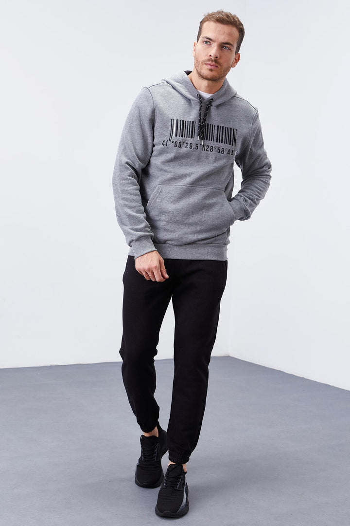 TMY Gray Melange Embroidered Kangaroo Pocket Standard Fit Hooded Men's Sweatshirt - 87839 - Monreale