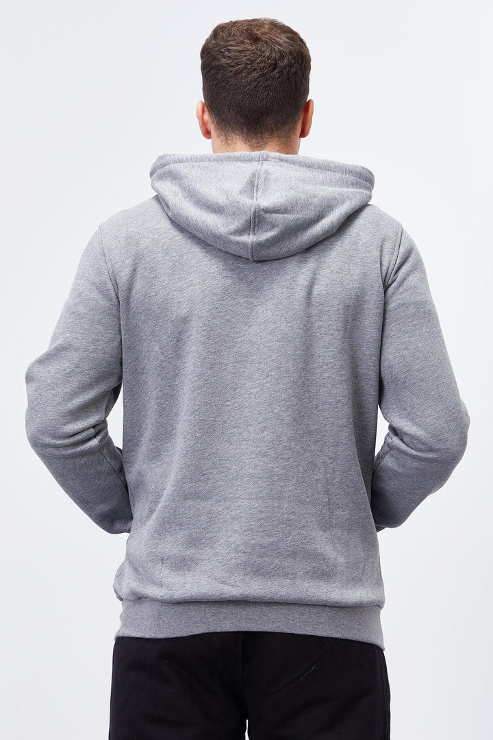 TMY Gray Melange Embroidered Kangaroo Pocket Standard Fit Hooded Men's Sweatshirt - 87839 - Monreale