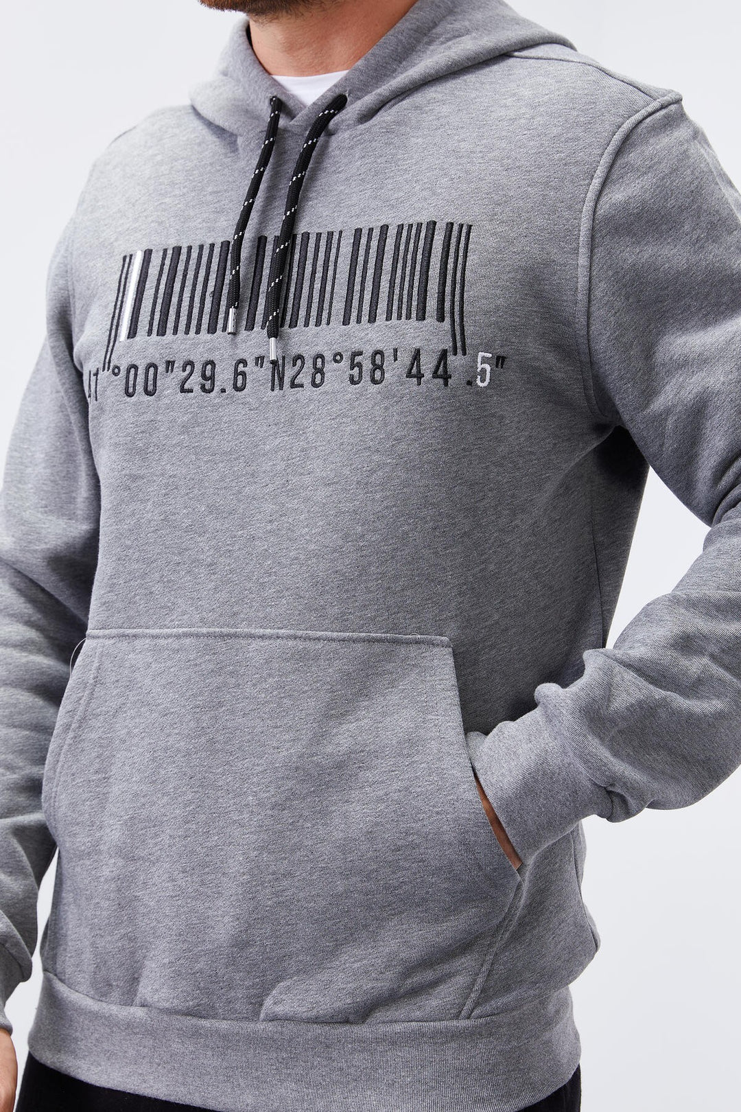 TMY Gray Melange Embroidered Kangaroo Pocket Standard Fit Hooded Men's Sweatshirt - 87839 - Monreale